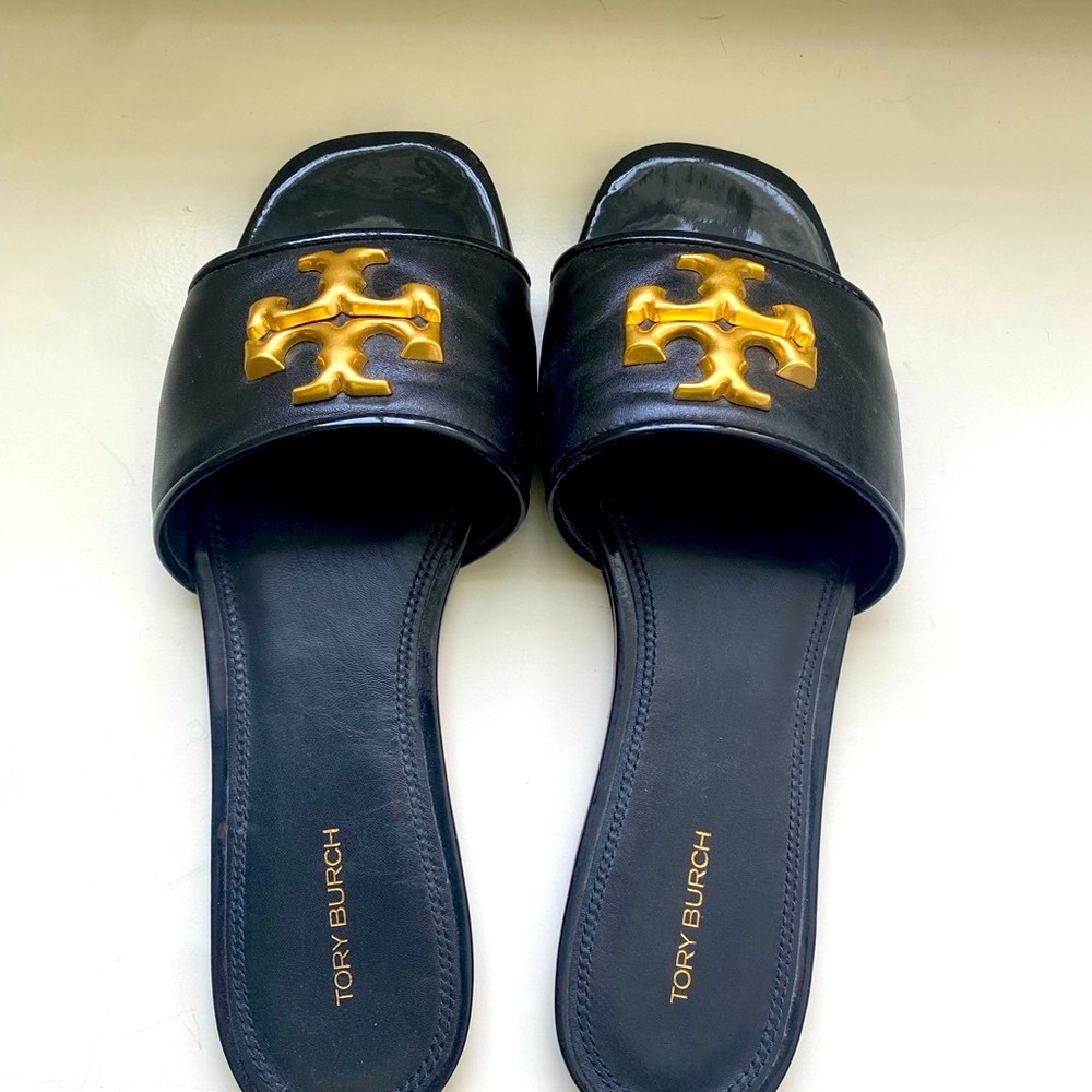 Tory Burch Black Slides with Gold Logo